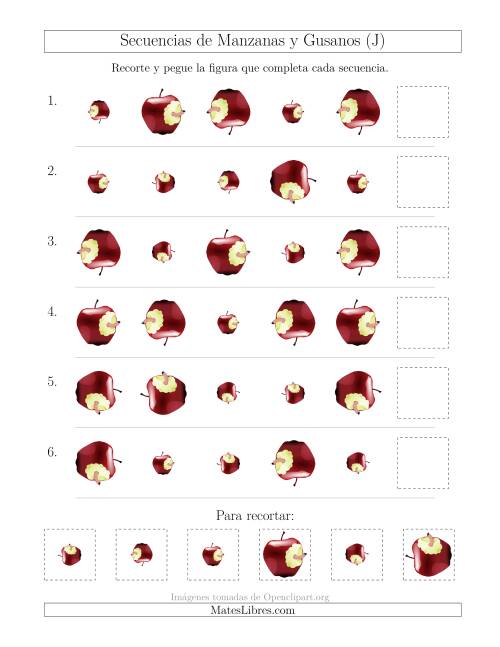 La hoja de ejercicios de Secuencias de Imágenes de Manzanas y Gusanos Cambiando los Atributos Tamaño y Rotación (J)