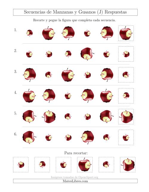 La hoja de ejercicios de Secuencias de Imágenes de Manzanas y Gusanos Cambiando los Atributos Tamaño y Rotación (J) Página 2