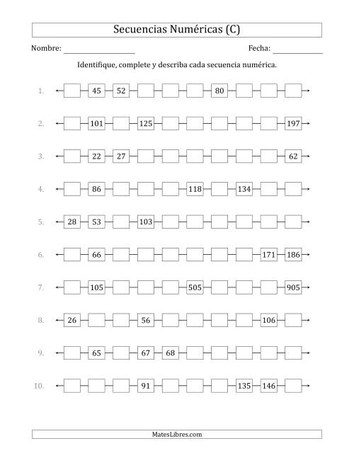 La hoja de ejercicios de Identificar, Continuar y Describir Secuencias Numéricas Crecientes (se muestran 3 números al azar) (C)