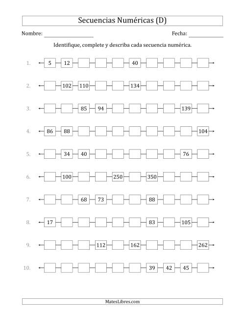 La hoja de ejercicios de Identificar, Continuar y Describir Secuencias Numéricas Crecientes (se muestran 3 números al azar) (D)