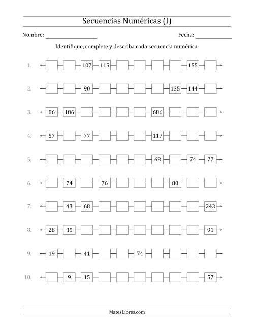 La hoja de ejercicios de Identificar, Continuar y Describir Secuencias Numéricas Crecientes (se muestran 3 números al azar) (I)