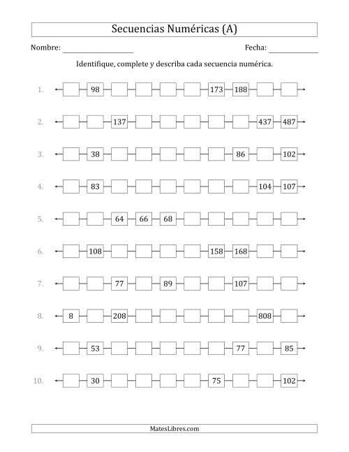 La hoja de ejercicios de Identificar, Continuar y Describir Secuencias Numéricas Crecientes (se muestran 3 números al azar) (Todas)
