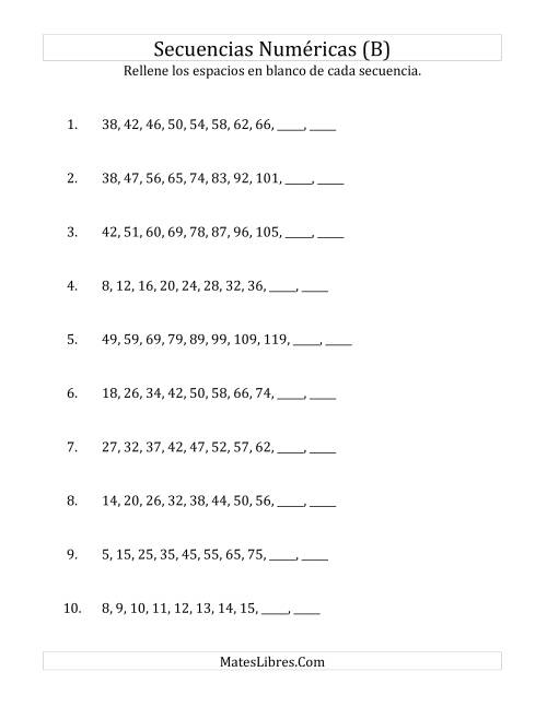 La hoja de ejercicios de Secuencias Numéricas Crecientes (Sencillas) (B)