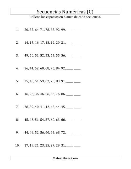 La hoja de ejercicios de Secuencias Numéricas Crecientes (Sencillas) (C)