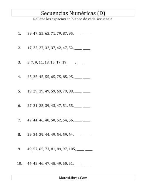 La hoja de ejercicios de Secuencias Numéricas Crecientes (Sencillas) (D)