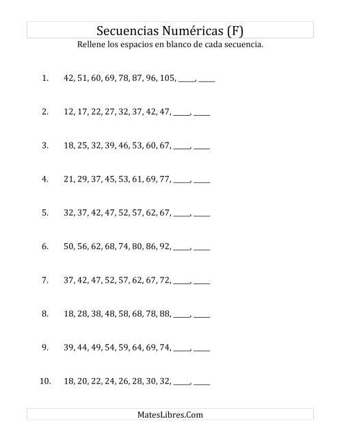 La hoja de ejercicios de Secuencias Numéricas Crecientes (Sencillas) (F)