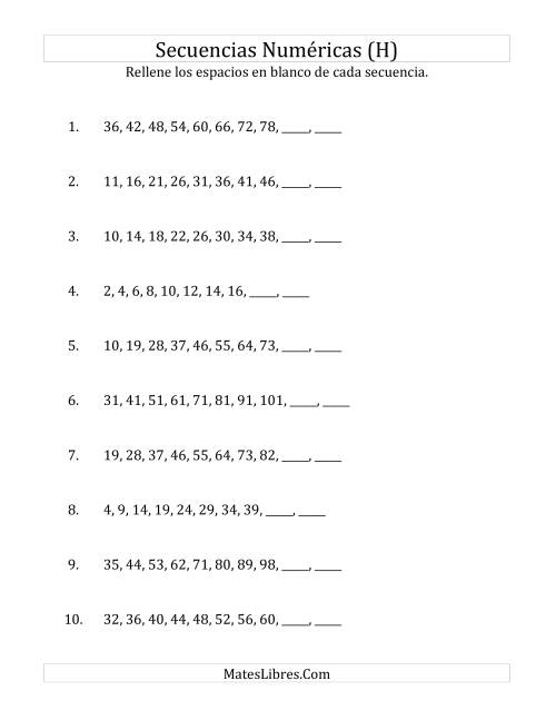 La hoja de ejercicios de Secuencias Numéricas Crecientes (Sencillas) (H)