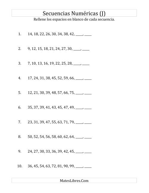 La hoja de ejercicios de Secuencias Numéricas Crecientes (Sencillas) (J)