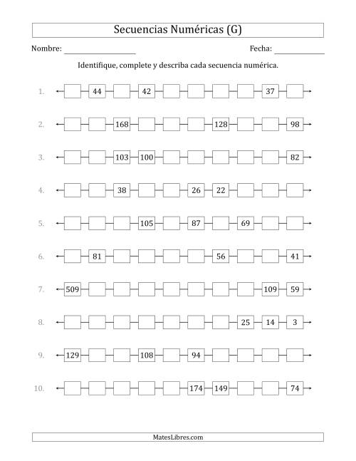 La hoja de ejercicios de Identificar, Continuar y Describir Secuencias Numéricas Decrecientes (se muestran 3 números al azar) (G)