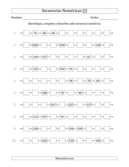 La hoja de ejercicios de Identificar, Continuar y Describir Secuencias Numéricas Decrecientes (se muestran 3 números al azar) (J)