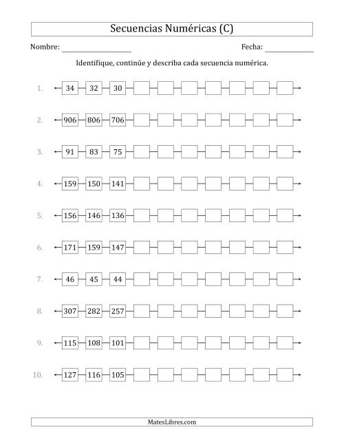 La hoja de ejercicios de Identificar, Continuar y Describir Secuencias Numéricas Decrecientes (se muestran los 3 primeros números) (C)