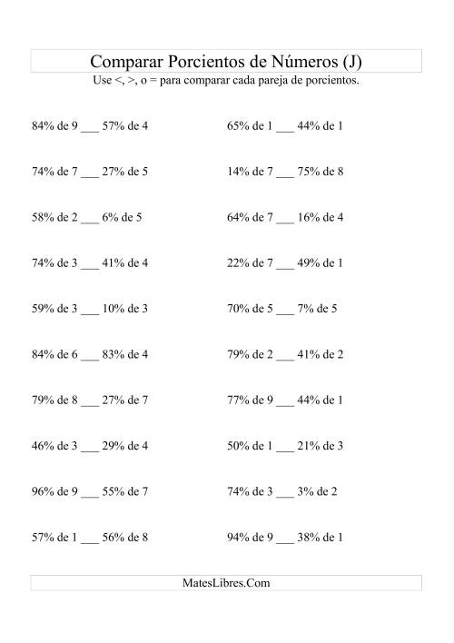 La hoja de ejercicios de Comparar Porcientos de Números entre 1 y 9 (J)