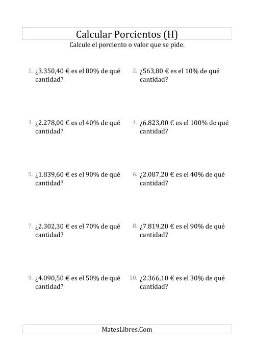 La hoja de ejercicios de Calcular la Cantidad Original de Dinero (Decimales, Incrementos de 5%) (H)