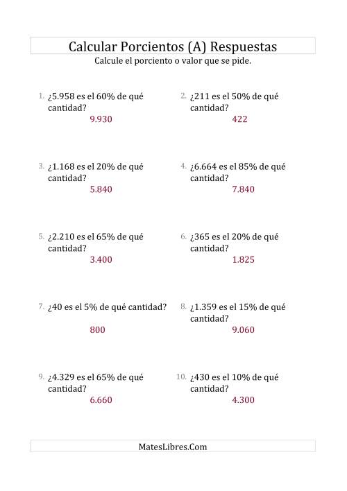 La hoja de ejercicios de Calcular la Cantidad Original (Enteros, Incrementos de 5%) (A) Página 2
