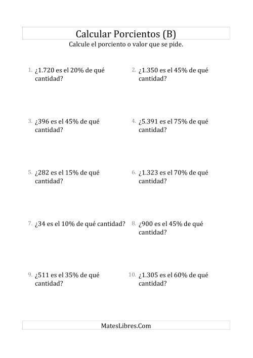 La hoja de ejercicios de Calcular la Cantidad Original (Enteros, Incrementos de 5%) (B)