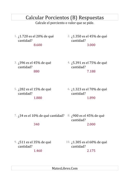 La hoja de ejercicios de Calcular la Cantidad Original (Enteros, Incrementos de 5%) (B) Página 2