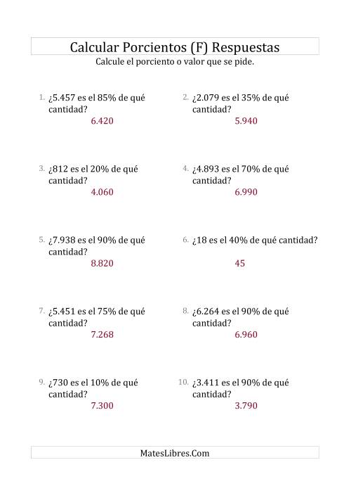 La hoja de ejercicios de Calcular la Cantidad Original (Enteros, Incrementos de 5%) (F) Página 2