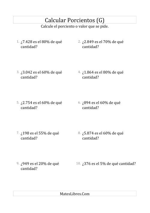 La hoja de ejercicios de Calcular la Cantidad Original (Enteros, Incrementos de 5%) (G)