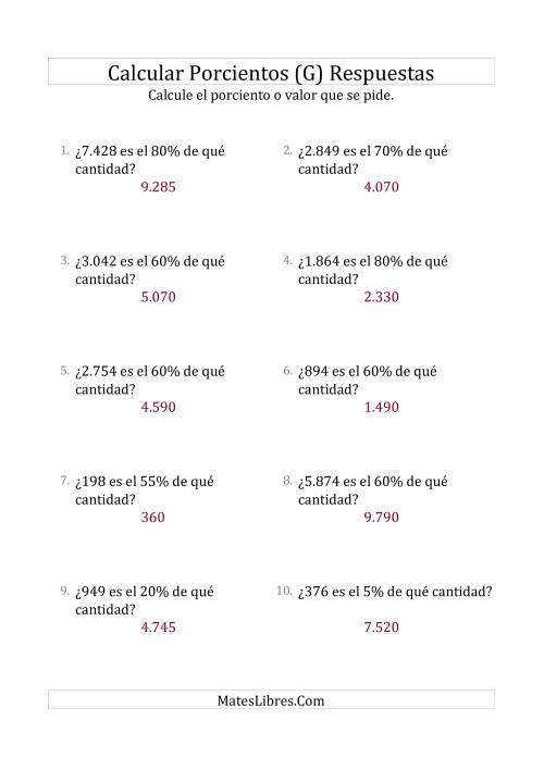 La hoja de ejercicios de Calcular la Cantidad Original (Enteros, Incrementos de 5%) (G) Página 2