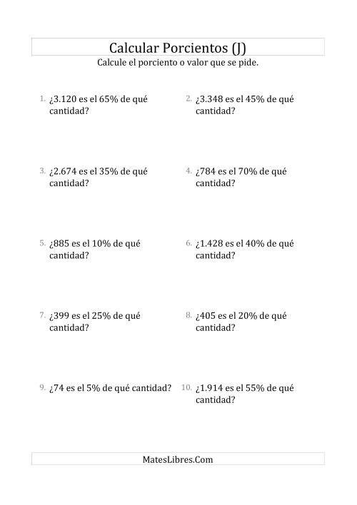 La hoja de ejercicios de Calcular la Cantidad Original (Enteros, Incrementos de 5%) (J)
