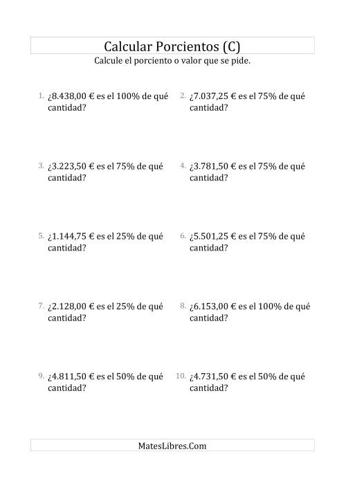 La hoja de ejercicios de Calcular la Cantidad Original de Dinero (Decimales, Incrementos de 25%) (C)