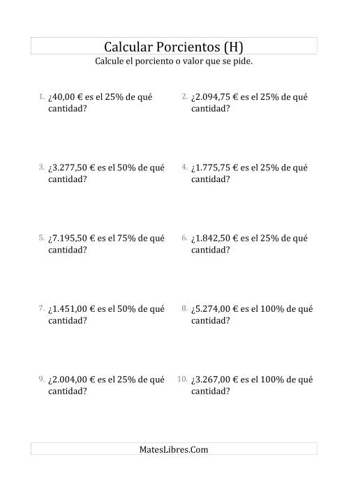 La hoja de ejercicios de Calcular la Cantidad Original de Dinero (Decimales, Incrementos de 25%) (H)