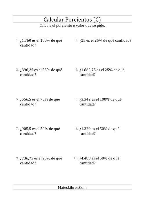 La hoja de ejercicios de Calcular la Cantidad Original (Decimales, Incrementos de 25%) (C)