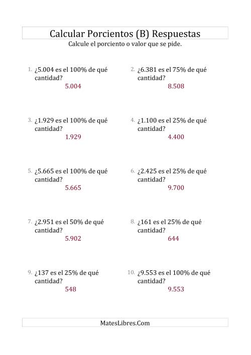 La hoja de ejercicios de Calcular la Cantidad Original (Enteros, Incrementos de 25%) (B) Página 2