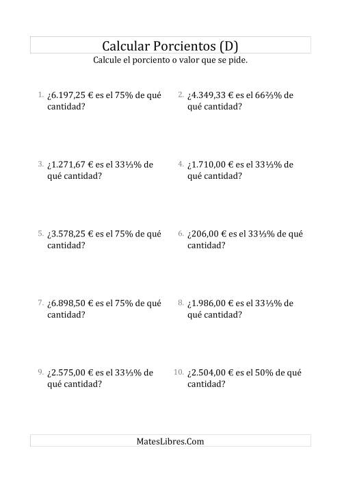 La hoja de ejercicios de Calcular la Cantidad Original de Dinero (Decimales, Incrementos de Porcientos Selectos) (D)