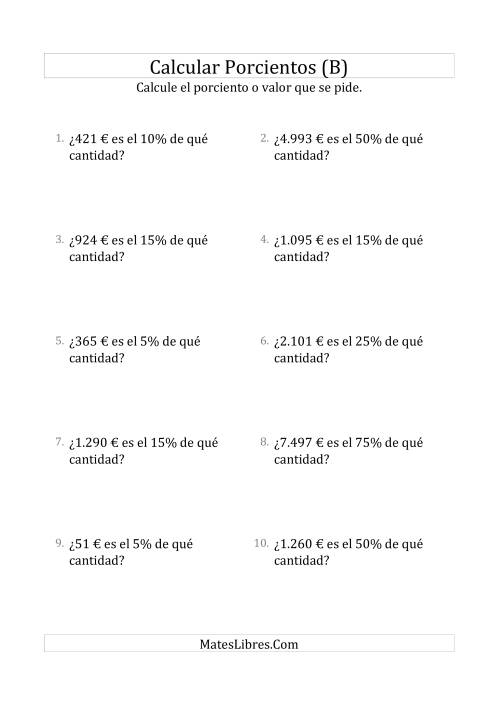 La hoja de ejercicios de Calcular la Cantidad Original de Dinero (Enteros, Incrementos de Porcientos Selectos) (B)