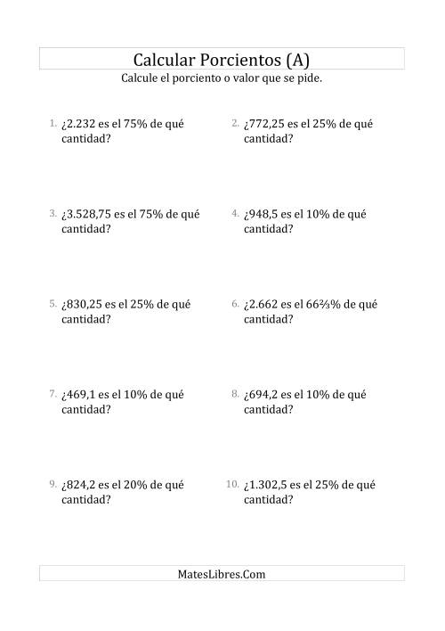 La hoja de ejercicios de Calcular la Cantidad Original (Decimales, Incrementos de Porcientos Selectos) (A)