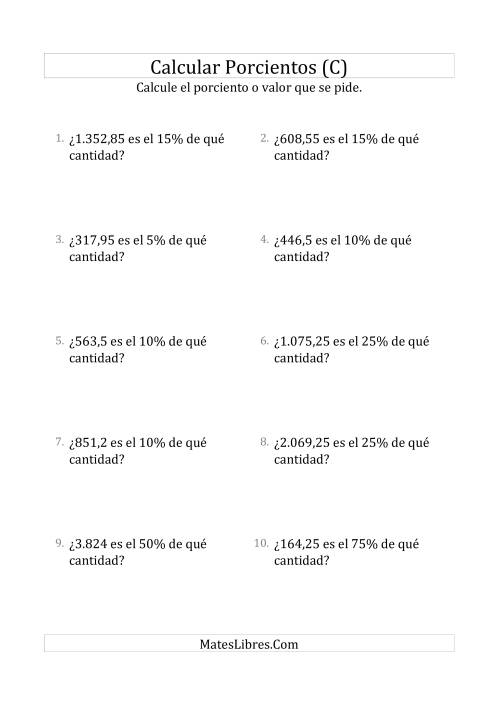 La hoja de ejercicios de Calcular la Cantidad Original (Decimales, Incrementos de Porcientos Selectos) (C)