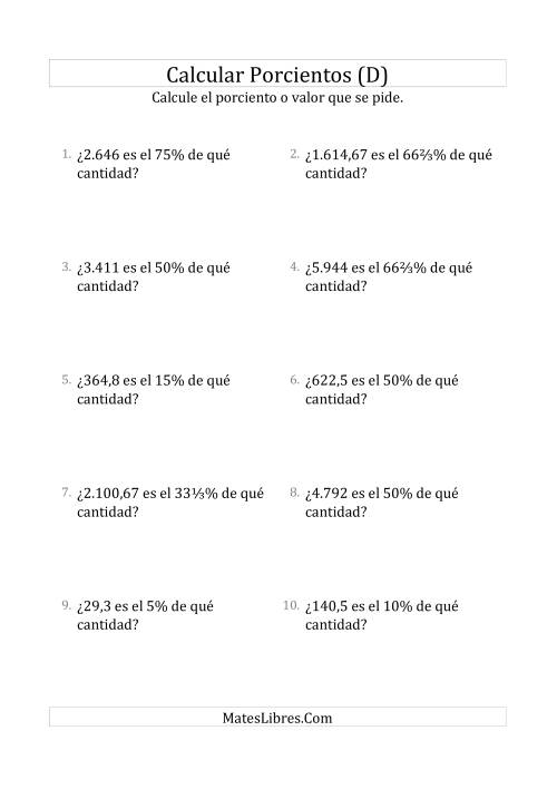 La hoja de ejercicios de Calcular la Cantidad Original (Decimales, Incrementos de Porcientos Selectos) (D)