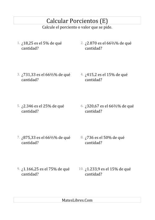 La hoja de ejercicios de Calcular la Cantidad Original (Decimales, Incrementos de Porcientos Selectos) (E)