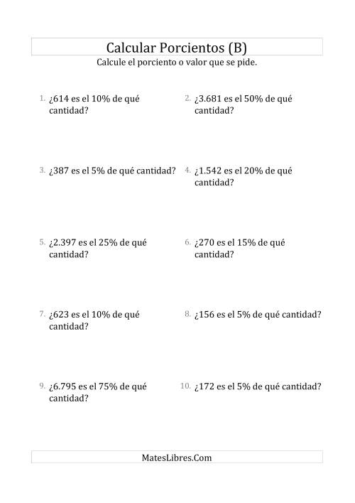 La hoja de ejercicios de Calcular la Cantidad Original (Enteros, Incrementos de Porcientos Selectos) (B)