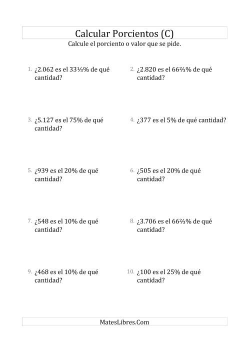 La hoja de ejercicios de Calcular la Cantidad Original (Enteros, Incrementos de Porcientos Selectos) (C)