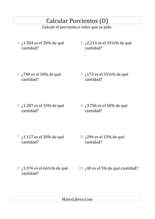 La hoja de ejercicios de Calcular la Cantidad Original (Enteros, Incrementos de Porcientos Selectos) (D)
