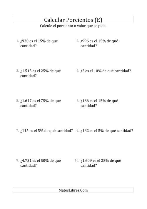 La hoja de ejercicios de Calcular la Cantidad Original (Enteros, Incrementos de Porcientos Selectos) (E)