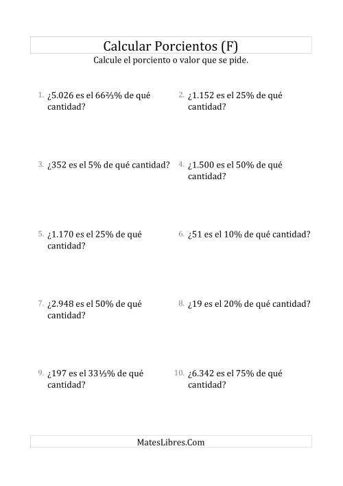 La hoja de ejercicios de Calcular la Cantidad Original (Enteros, Incrementos de Porcientos Selectos) (F)