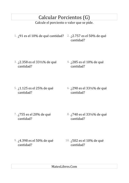 La hoja de ejercicios de Calcular la Cantidad Original (Enteros, Incrementos de Porcientos Selectos) (G)