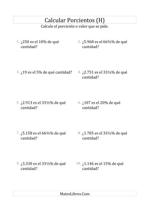 La hoja de ejercicios de Calcular la Cantidad Original (Enteros, Incrementos de Porcientos Selectos) (H)