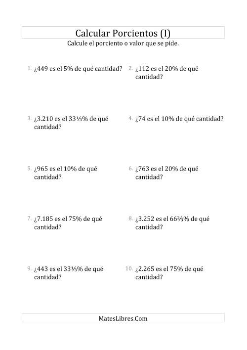 La hoja de ejercicios de Calcular la Cantidad Original (Enteros, Incrementos de Porcientos Selectos) (I)