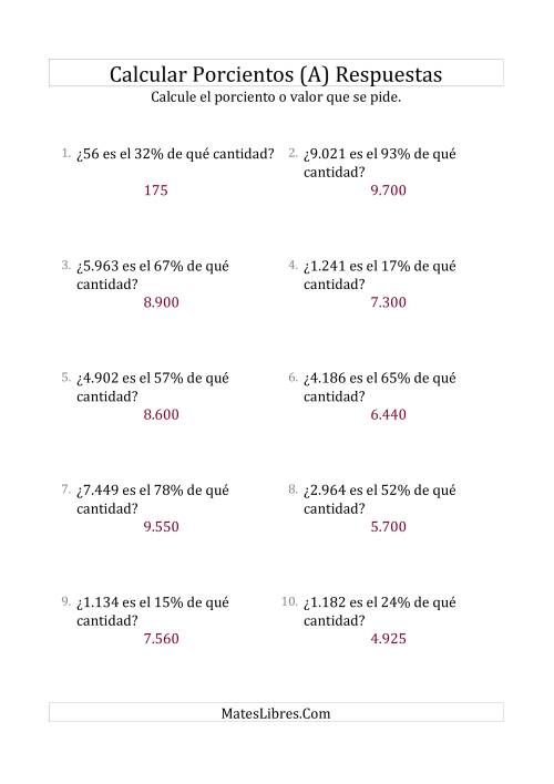 La hoja de ejercicios de Calcular la Cantidad Original (Enteros, Incrementos entre 1% y 99%) (A) Página 2