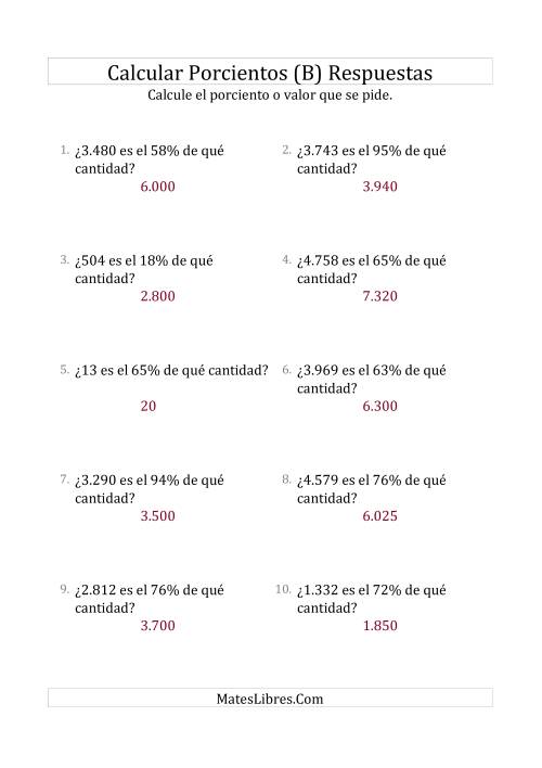 La hoja de ejercicios de Calcular la Cantidad Original (Enteros, Incrementos entre 1% y 99%) (B) Página 2