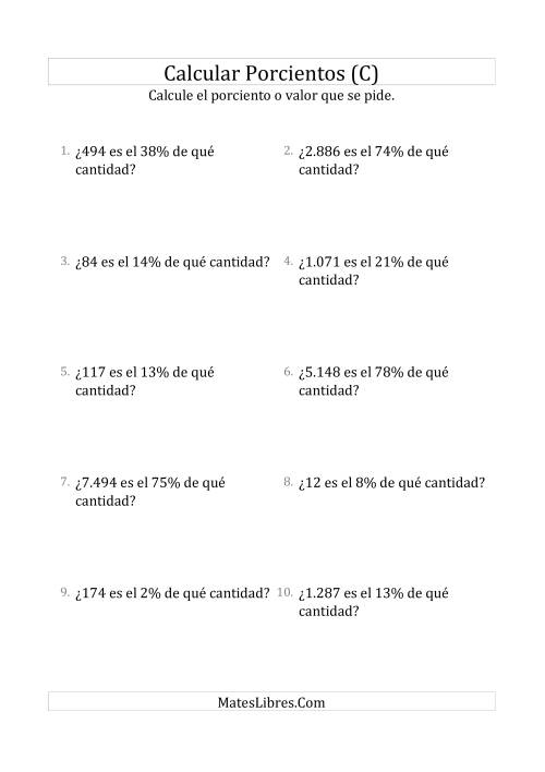La hoja de ejercicios de Calcular la Cantidad Original (Enteros, Incrementos entre 1% y 99%) (C)
