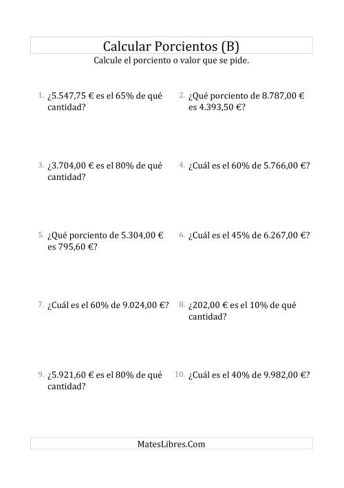 La hoja de ejercicios de Cálculos Mixtos de Porcientos con Dinero (Decimales, Incrementos de 5%) (B)