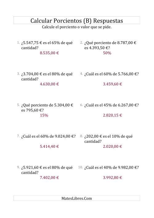 La hoja de ejercicios de Cálculos Mixtos de Porcientos con Dinero (Decimales, Incrementos de 5%) (B) Página 2