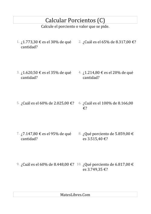 La hoja de ejercicios de Cálculos Mixtos de Porcientos con Dinero (Decimales, Incrementos de 5%) (C)