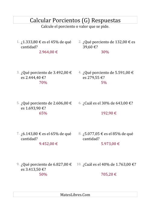 La hoja de ejercicios de Cálculos Mixtos de Porcientos con Dinero (Decimales, Incrementos de 5%) (G) Página 2