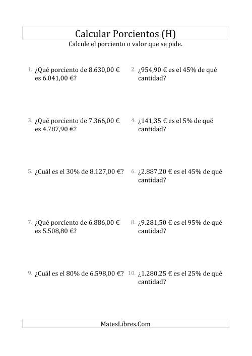La hoja de ejercicios de Cálculos Mixtos de Porcientos con Dinero (Decimales, Incrementos de 5%) (H)